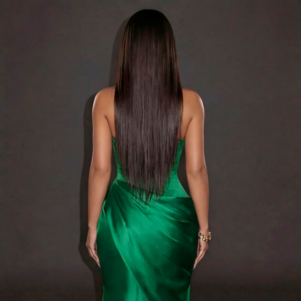 Woman in a green dress with long hair against a dark background
