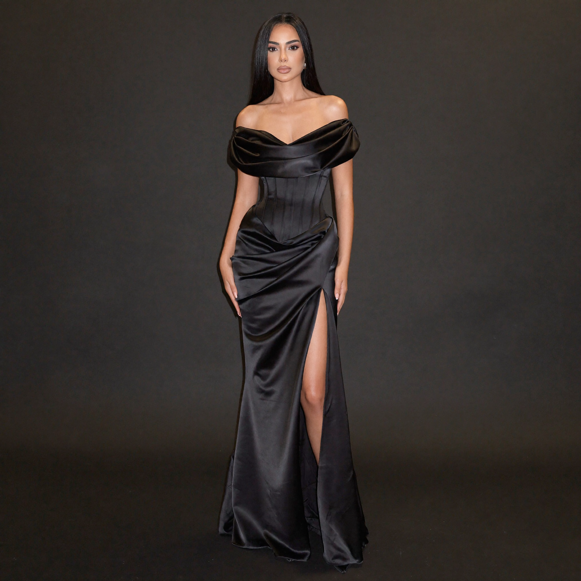 black satin off shoulder dress A-line Gown by Amoris T821 XL / Light Blue this sleeveless silhouette exudes effortless glamour Beautiful Moments Black Satin Off
