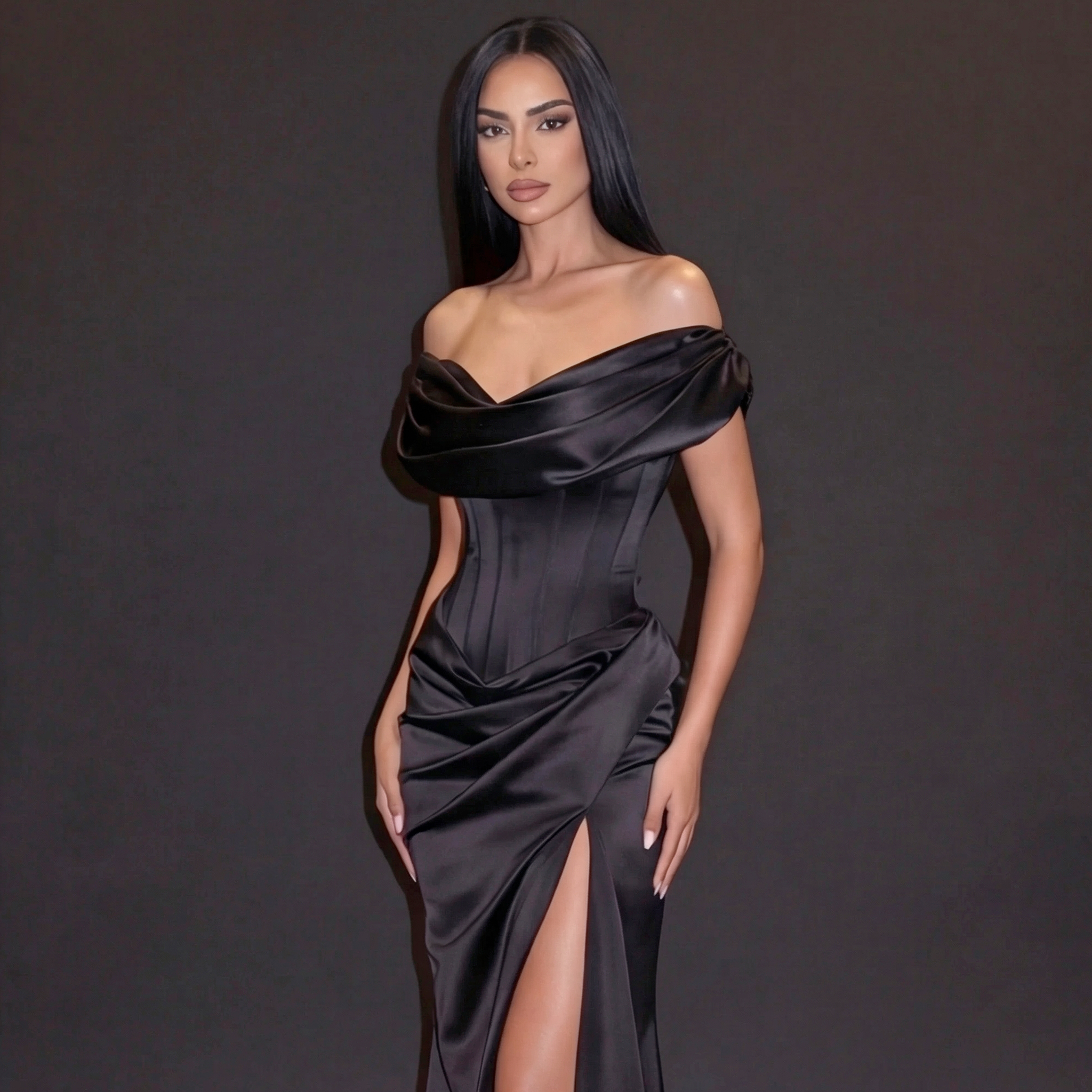 Woman wearing a black off-shoulder gown with a slit on a dark background