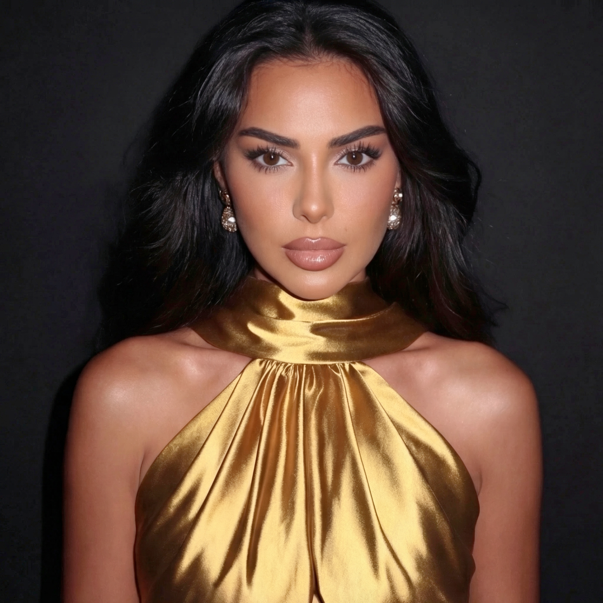 Woman wearing a gold dress against a black background