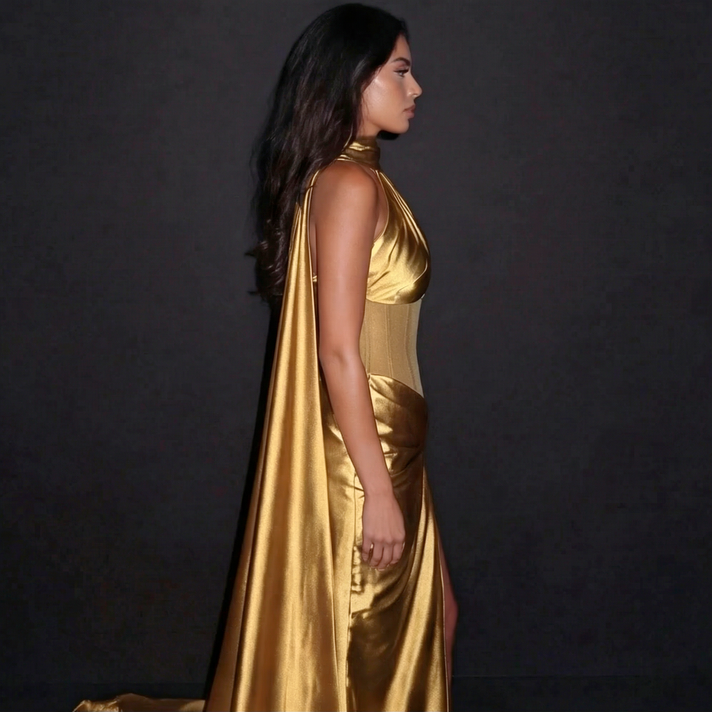Woman wearing a gold satin dress against a black background