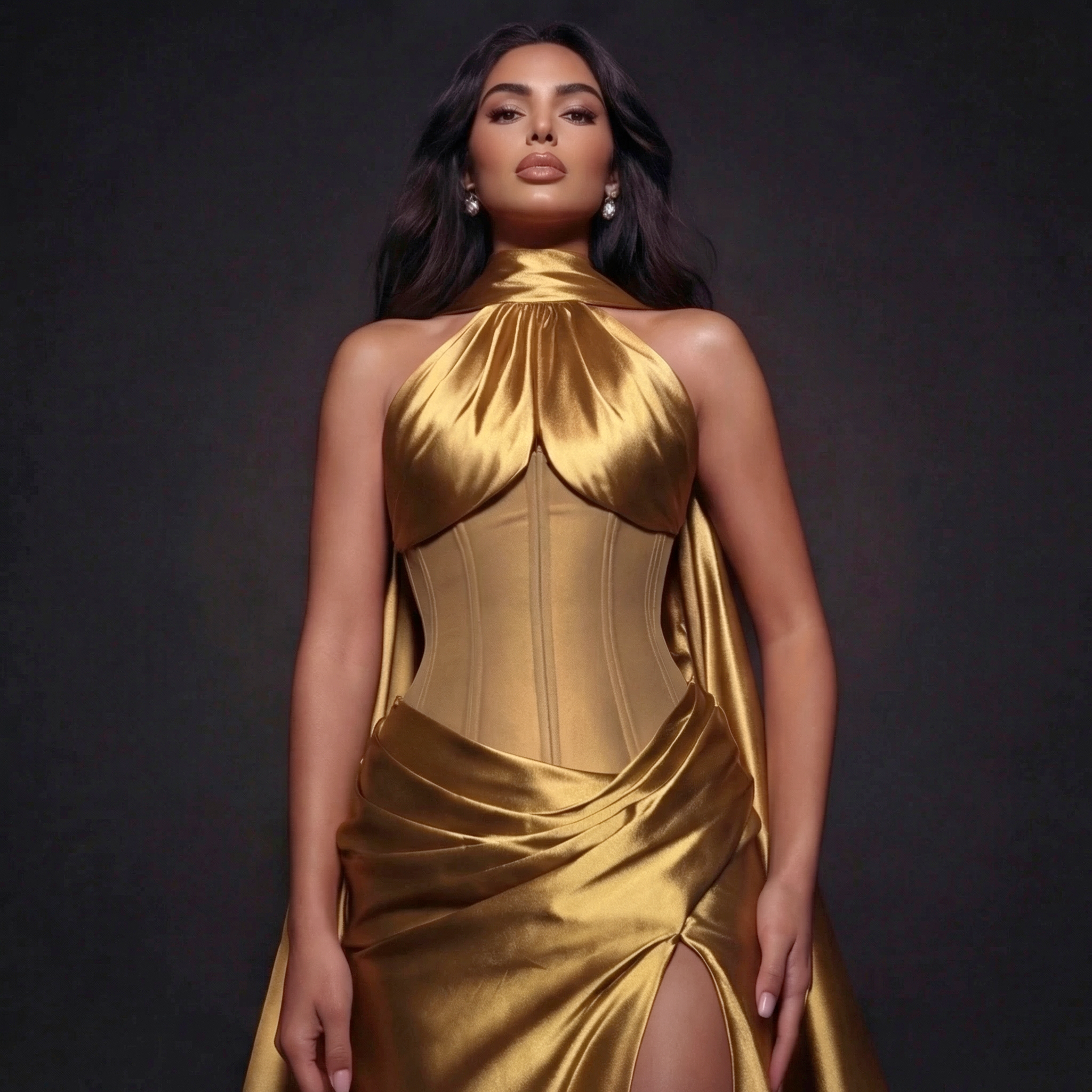 Woman wearing a gold dress against a dark background