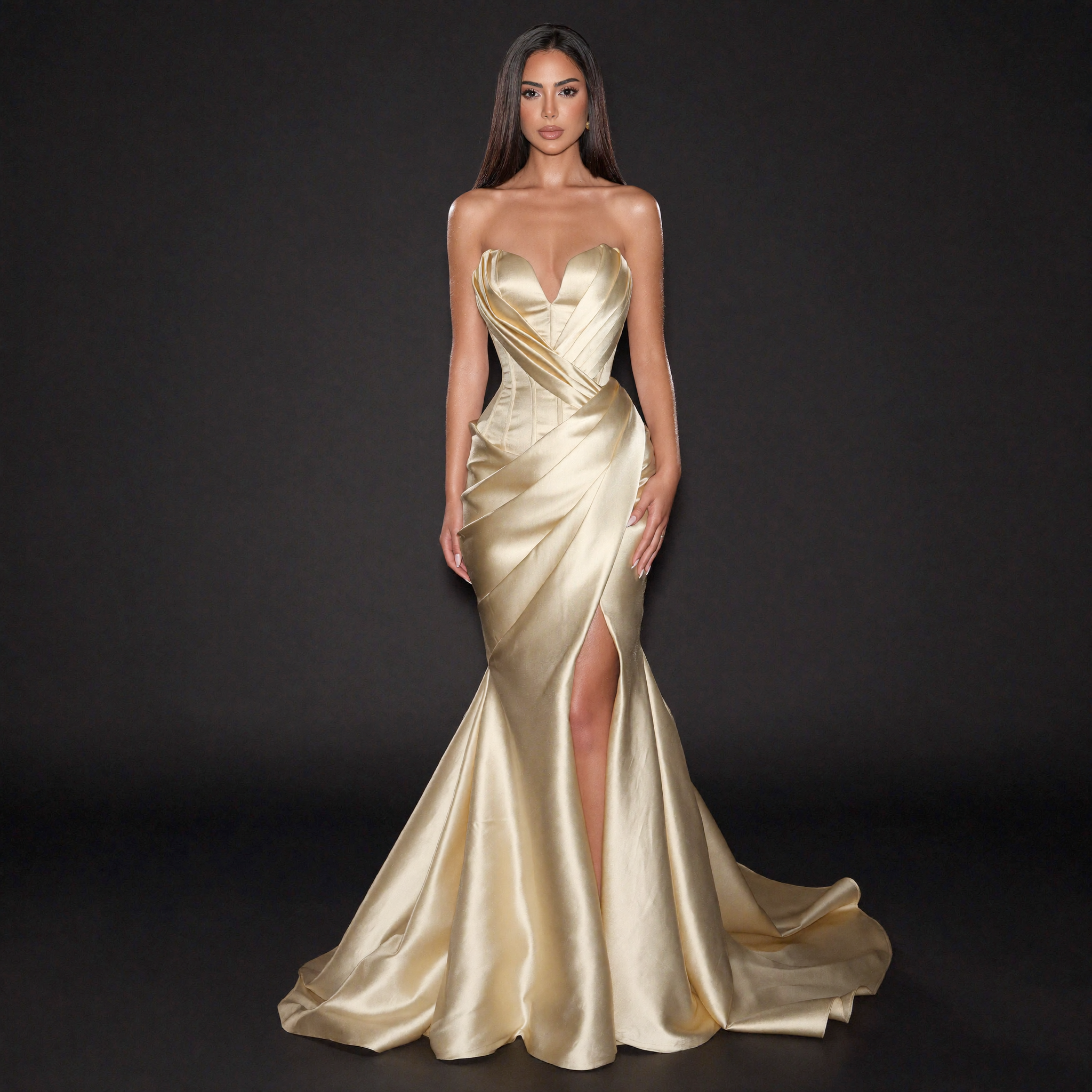 Woman wearing a gold evening gown with a slit on a black background