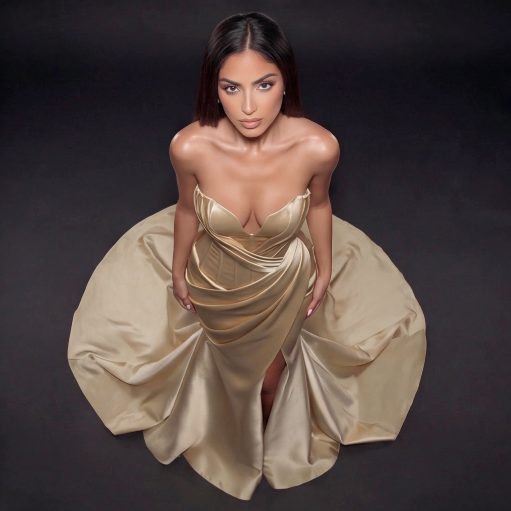 Woman wearing a gold dress against a dark background
