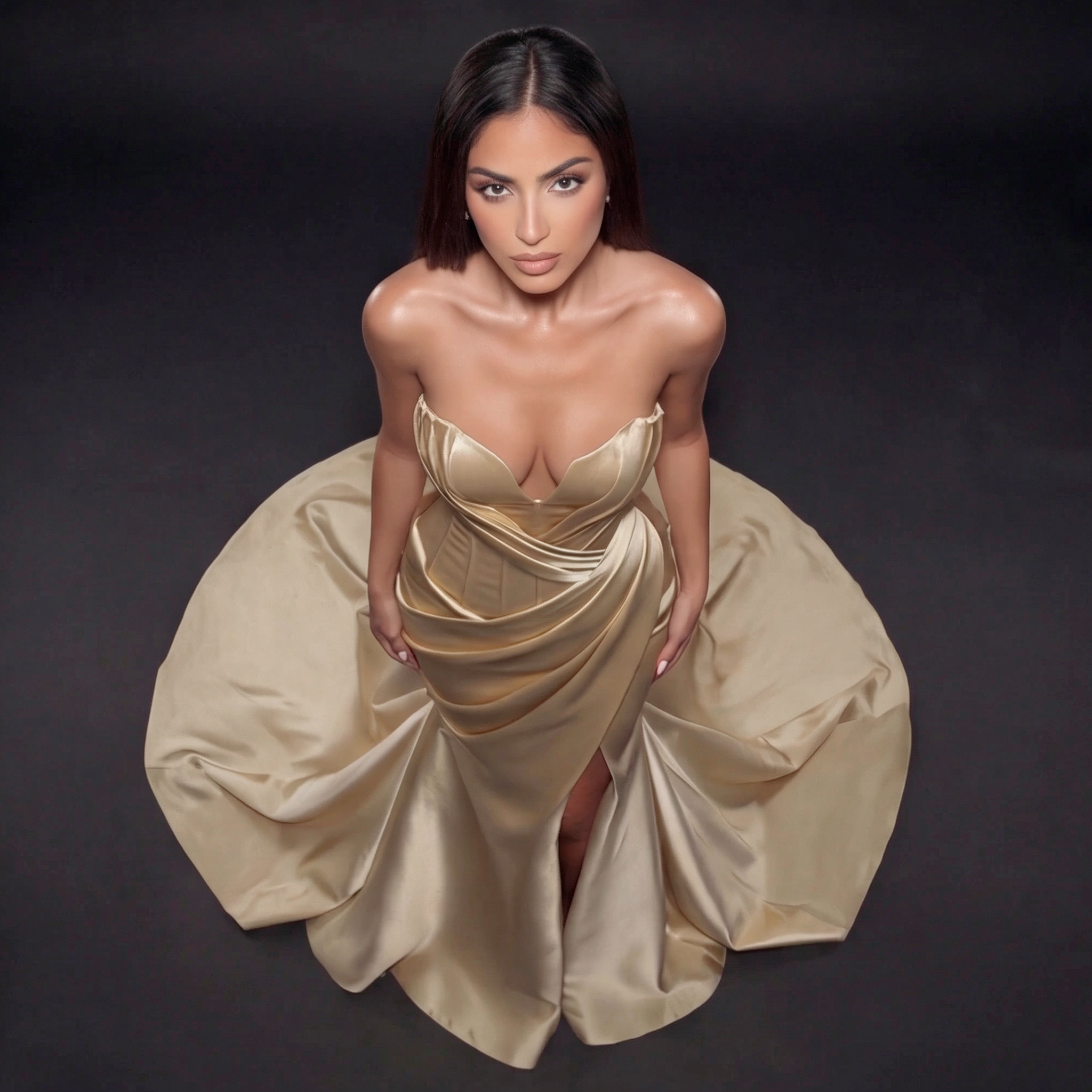 Woman wearing a gold dress against a dark background