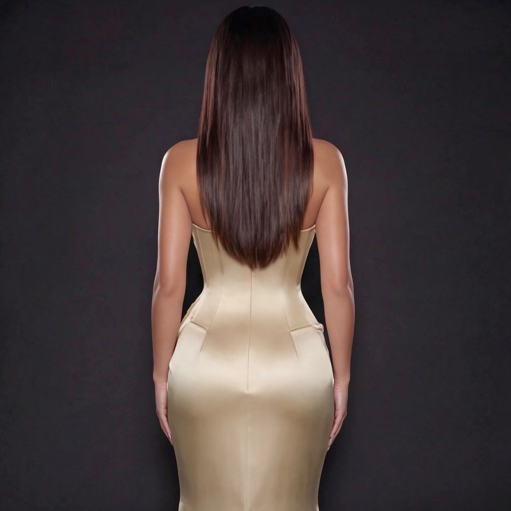 Woman wearing a beige strapless dress against a dark background