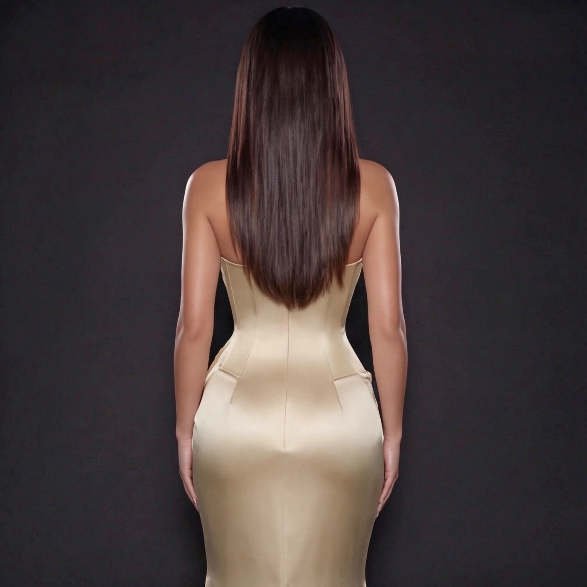 Woman wearing a beige strapless dress against a dark background