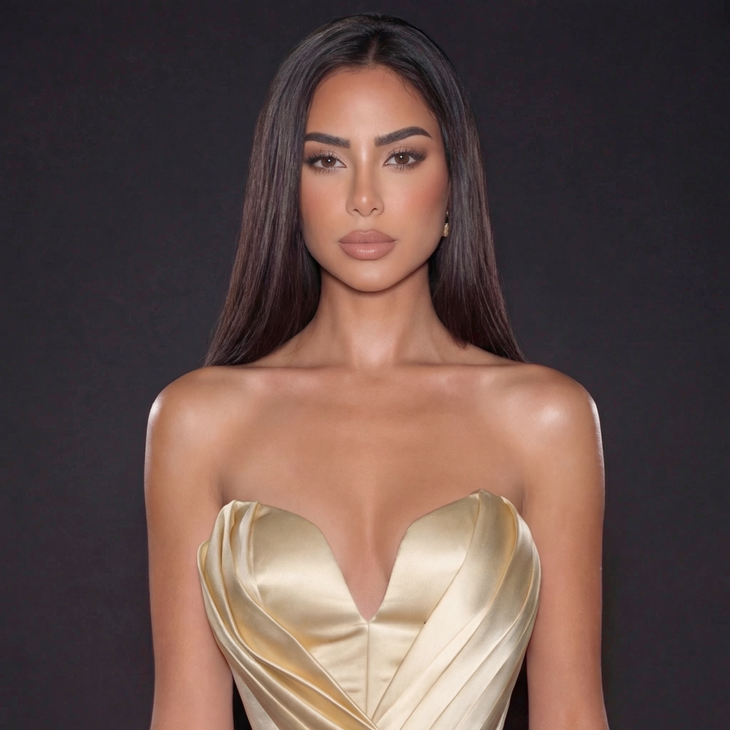Woman wearing a gold strapless dress against a dark background