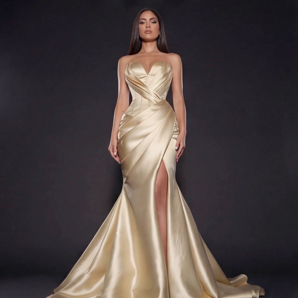 Woman wearing a gold evening gown against a dark background