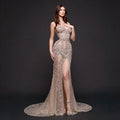 Champagne Nude Illusion Evening Gown - Silver Crystal Encrusted Corset Dress with High Slit