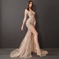 Champagne Nude Off-The-Shoulder Evening Gown - Silver and Gold Crystal Encrusted High Slit Dress