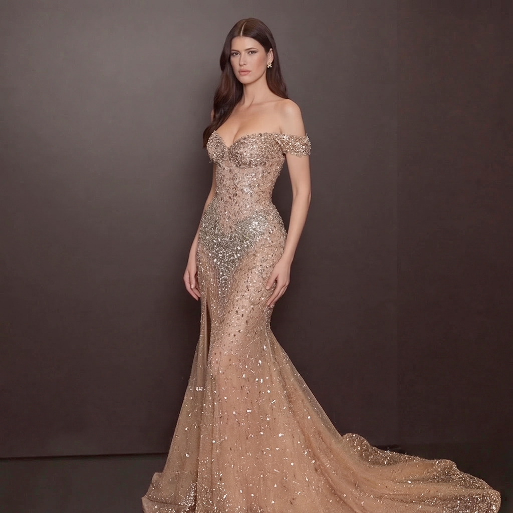Champagne Nude Off-The-Shoulder Evening Gown - Silver and Gold Crystal Encrusted High Slit Dress