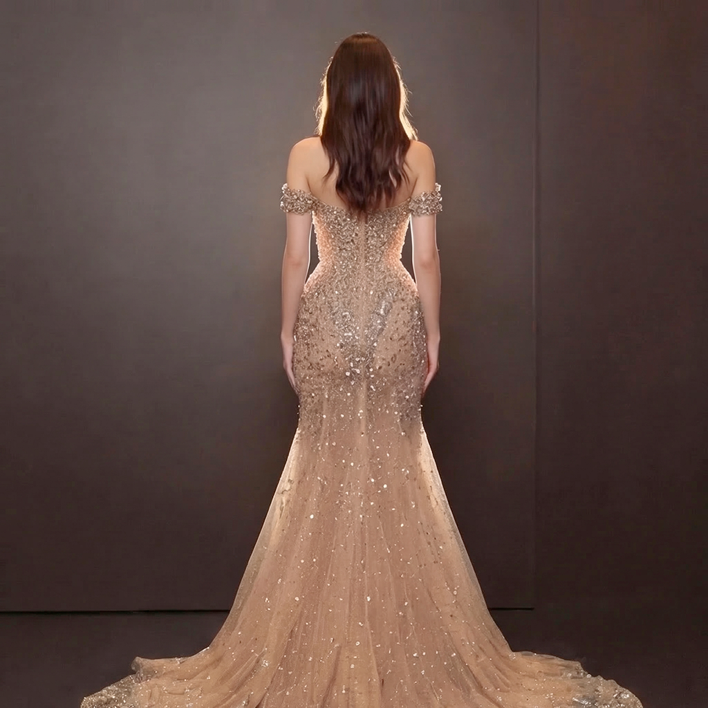 Champagne Nude Off-The-Shoulder Evening Gown - Silver and Gold Crystal Encrusted High Slit Dress