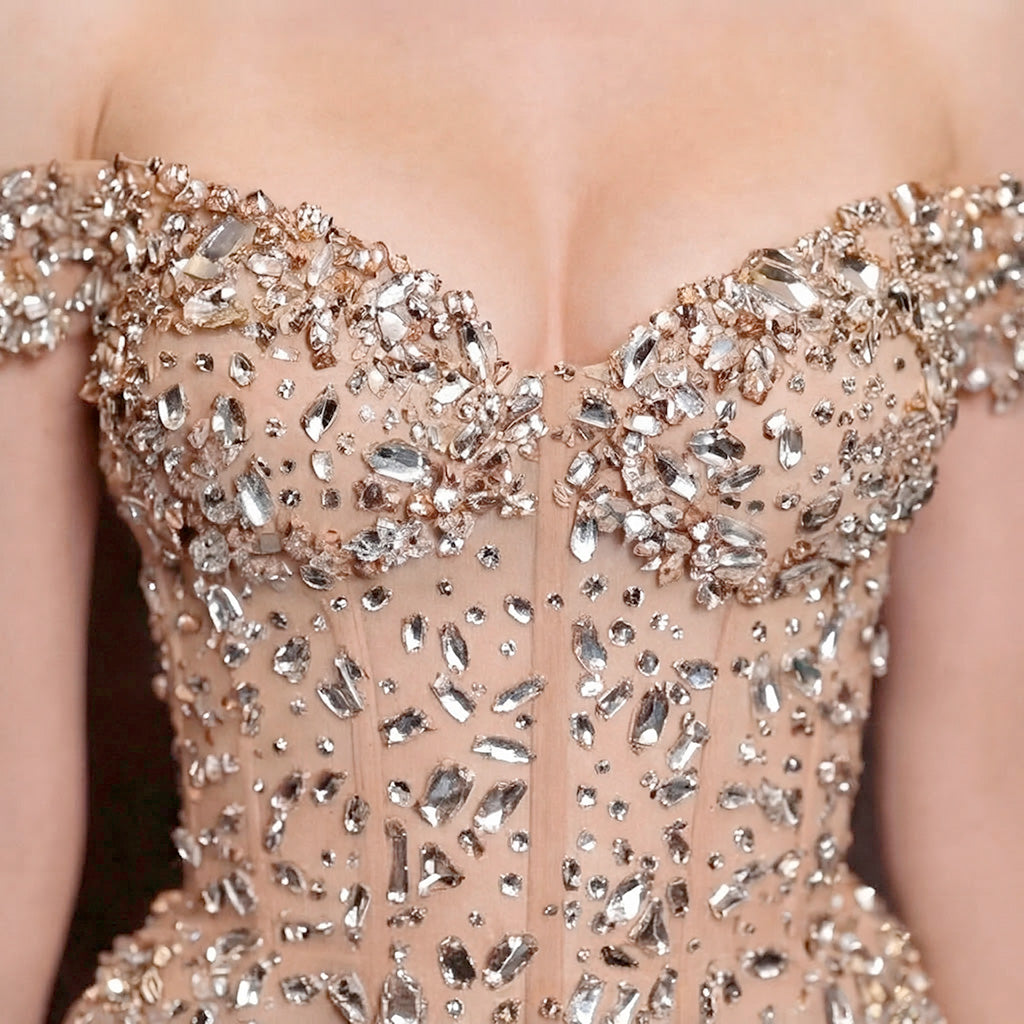 Champagne Nude Off-The-Shoulder Evening Gown - Silver and Gold Crystal Encrusted High Slit Dress
