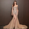 Champagne Nude Off-The-Shoulder Evening Gown - Silver and Gold Crystal Encrusted High Slit Dress