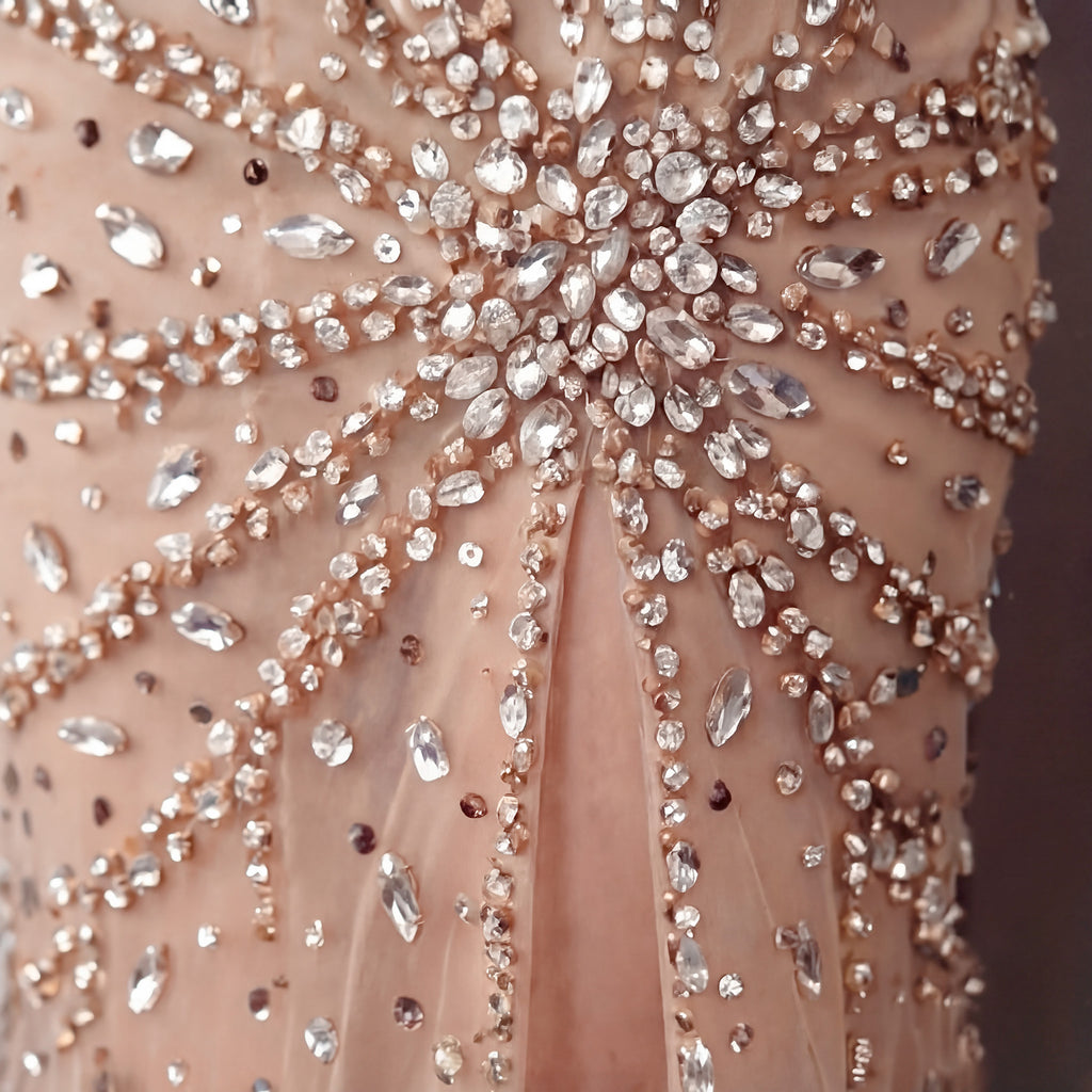 Champagne Nude Off-The-Shoulder Evening Gown - Silver and Gold Crystal Encrusted High Slit Dress