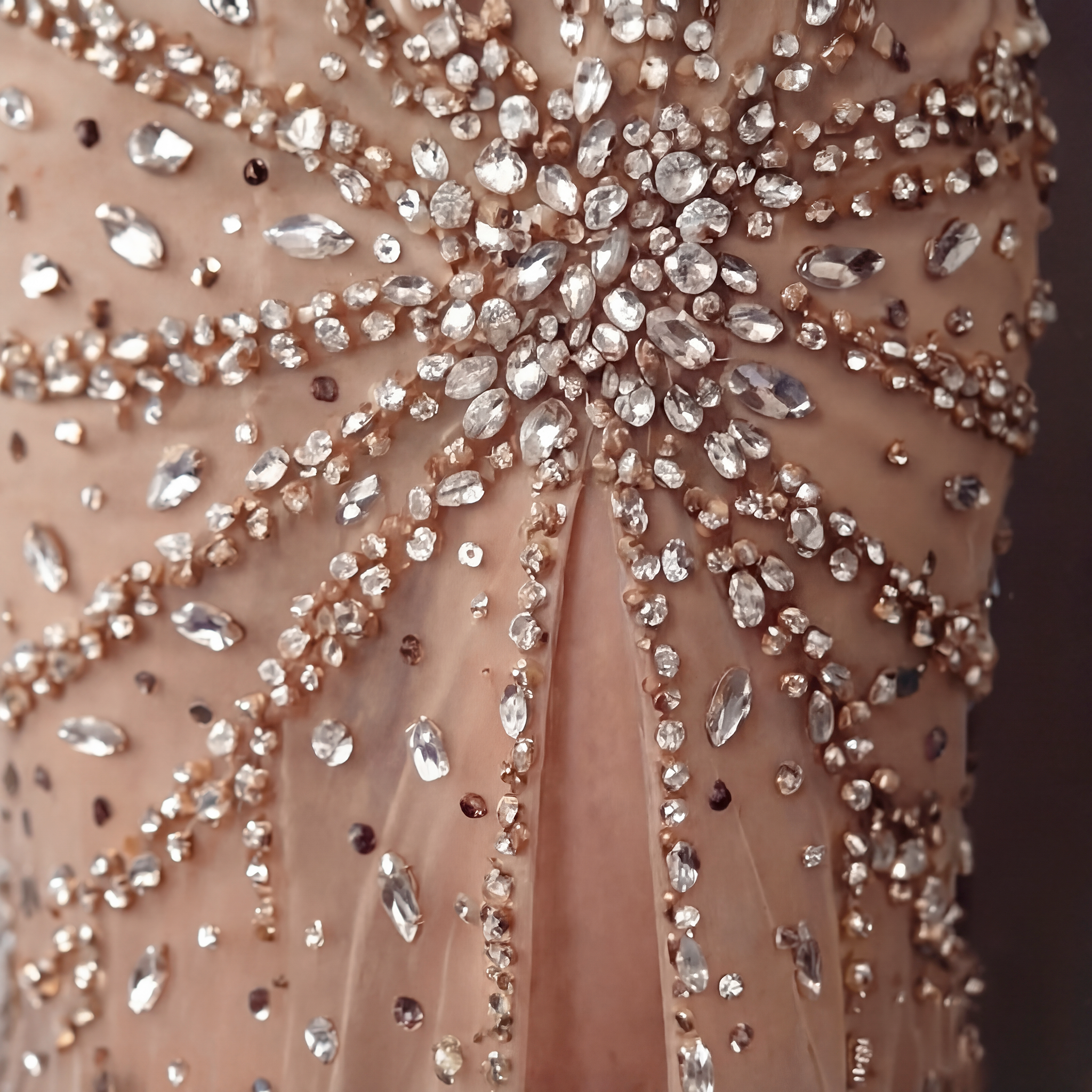 Champagne Nude Off-The-Shoulder Evening Gown - Silver and Gold Crystal Encrusted High Slit Dress