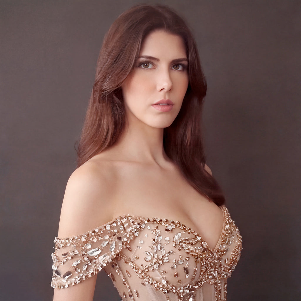 Champagne Nude Off-The-Shoulder Evening Gown - Silver and Gold Crystal Encrusted High Slit Dress