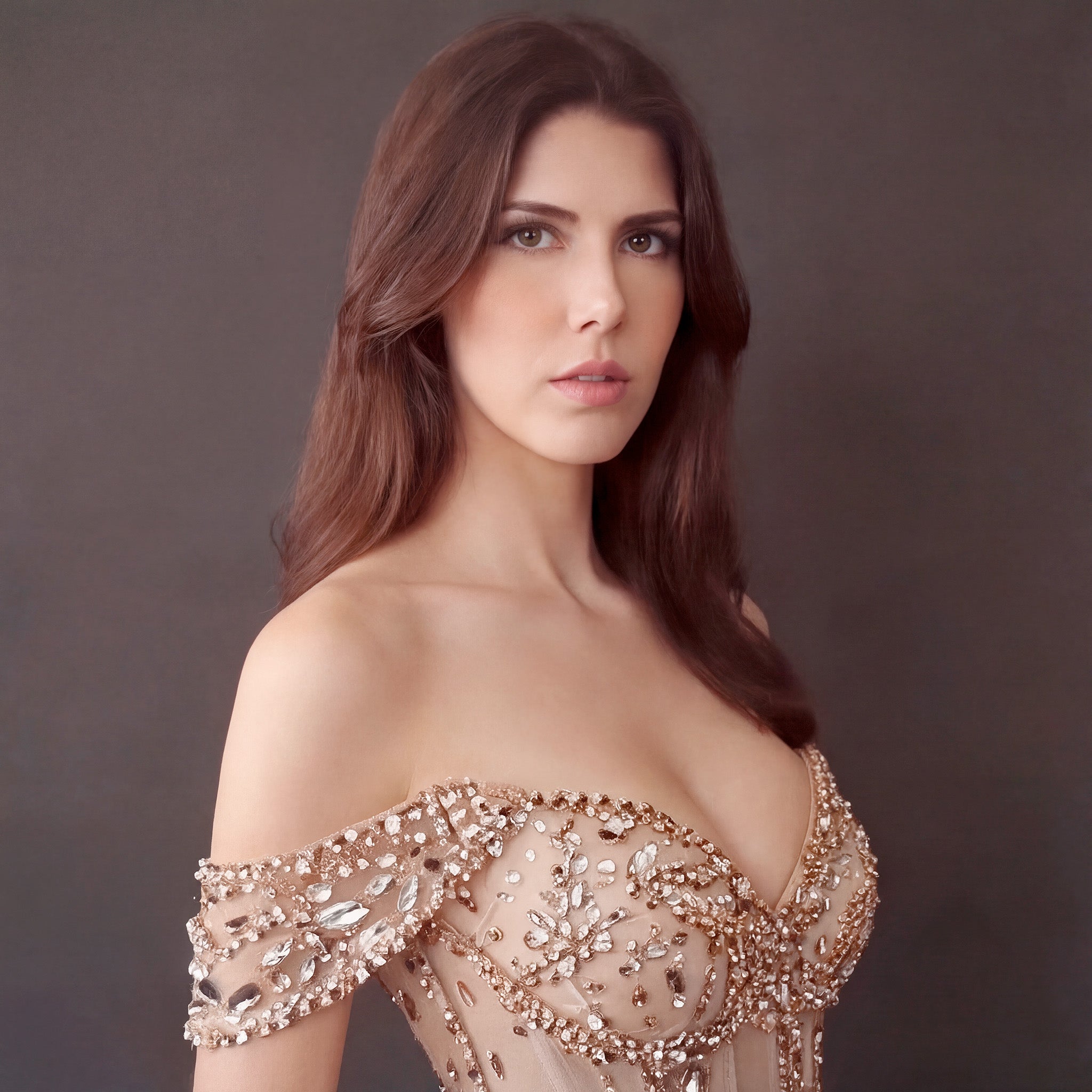 Champagne Nude Off-The-Shoulder Evening Gown - Silver and Gold Crystal Encrusted High Slit Dress