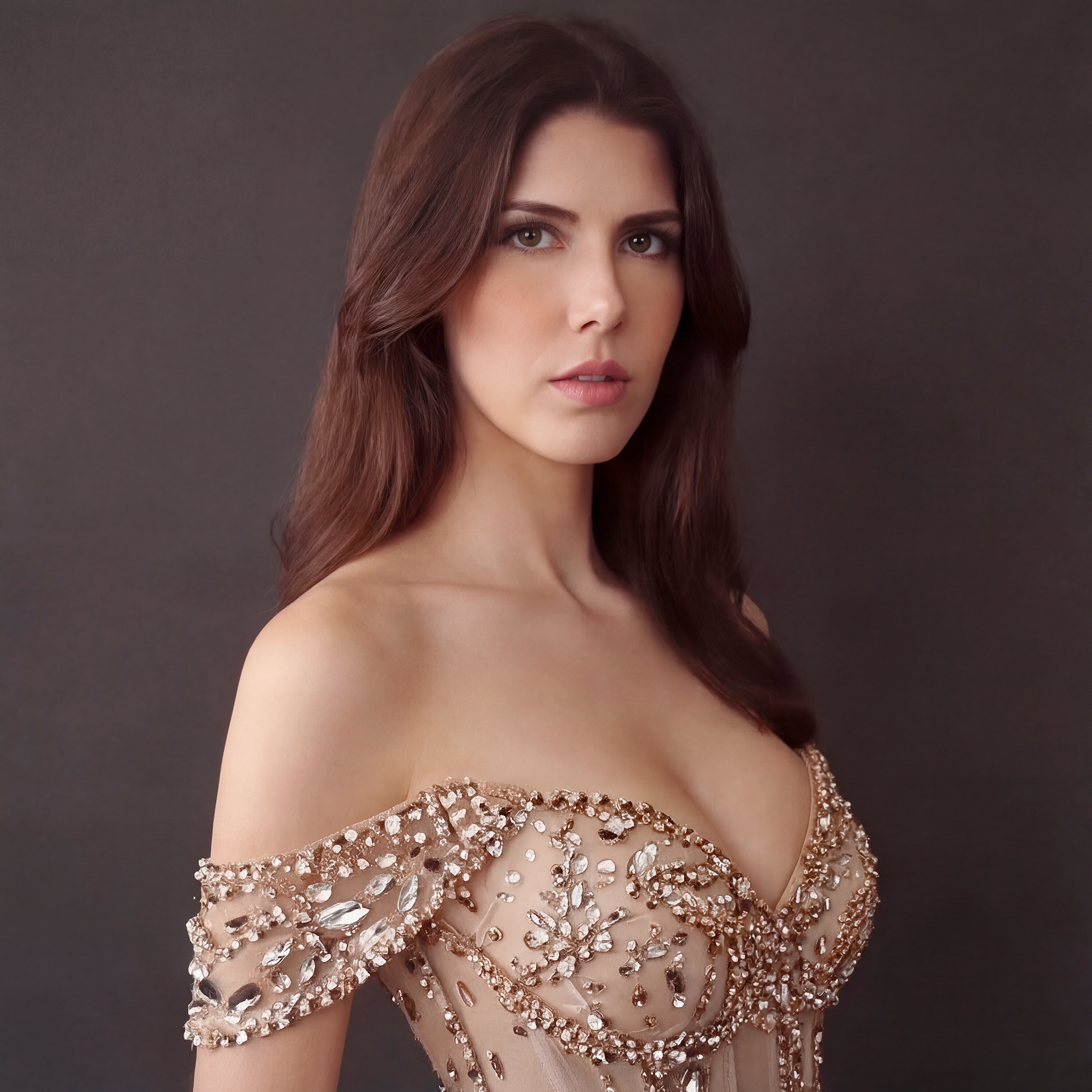 Champagne Nude Off-The-Shoulder Evening Gown - Silver and Gold Crystal Encrusted High Slit Dress