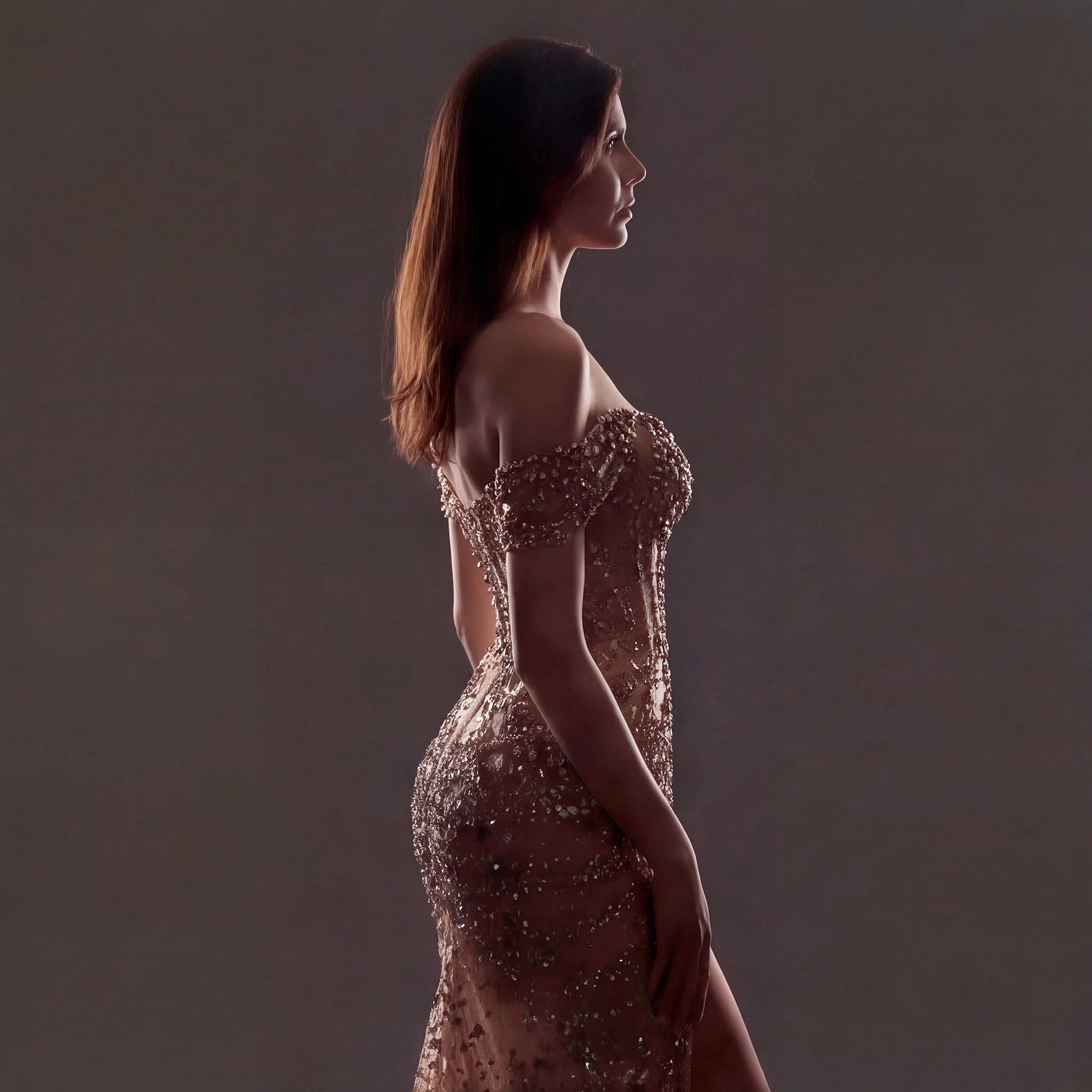 Champagne Nude Off-The-Shoulder Evening Gown - Silver and Gold Crystal Encrusted High Slit Dress