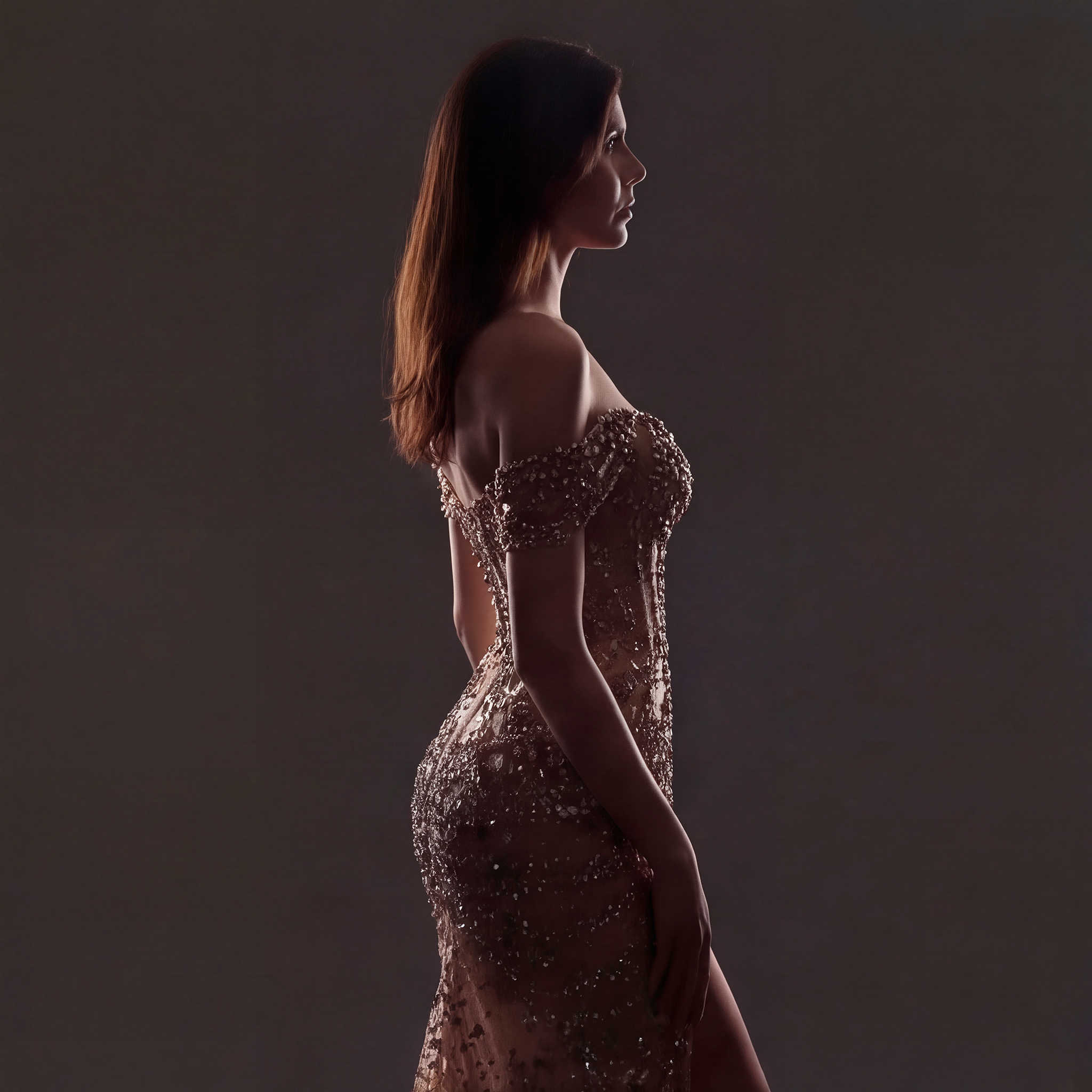 Champagne Nude Off-The-Shoulder Evening Gown - Silver and Gold Crystal Encrusted High Slit Dress