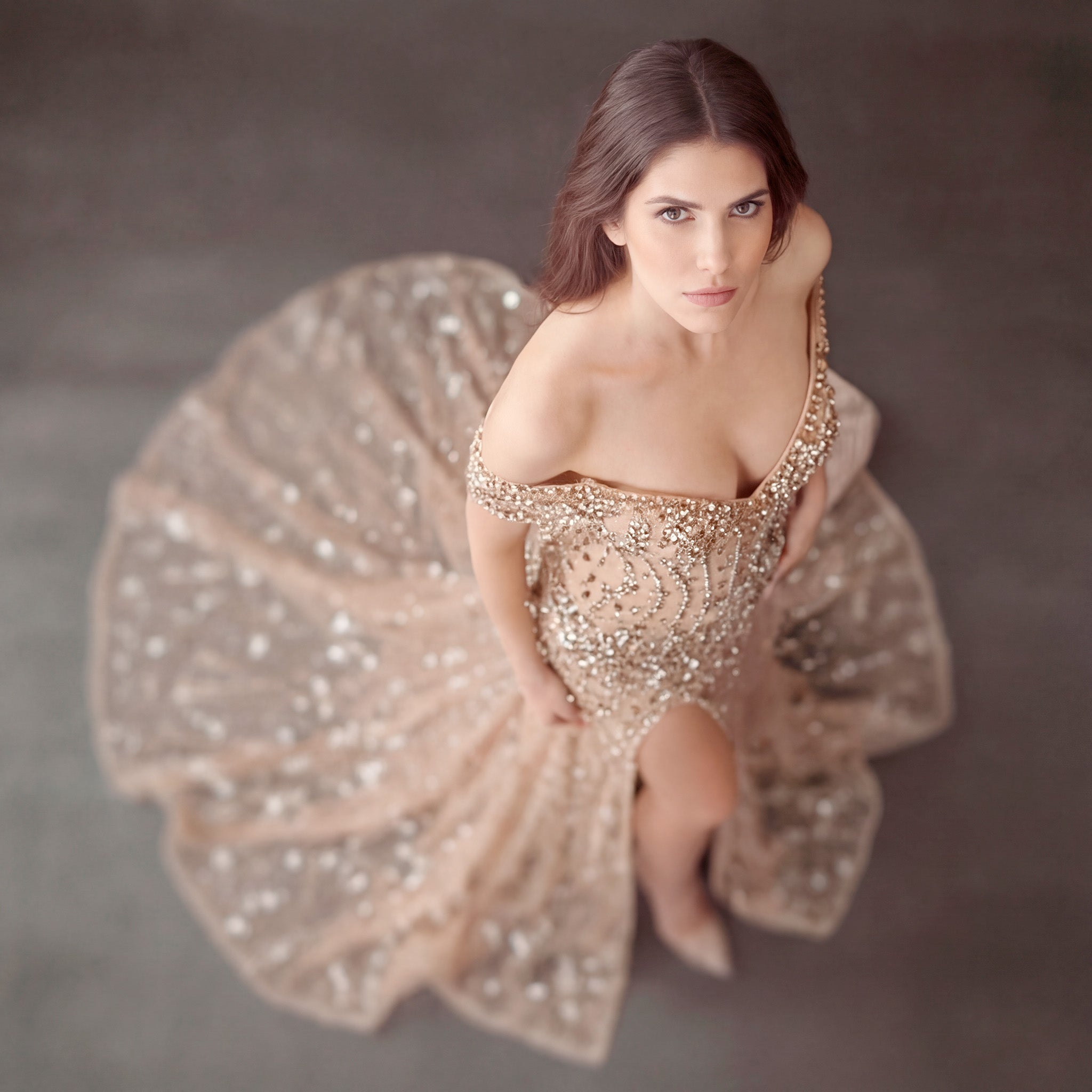 Champagne Nude Off-The-Shoulder Evening Gown - Silver and Gold Crystal Encrusted High Slit Dress