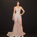 Silver One-Shoulder Illusion Evening Gown - Crystal Rain Sequin Mermaid Dress with High Slit