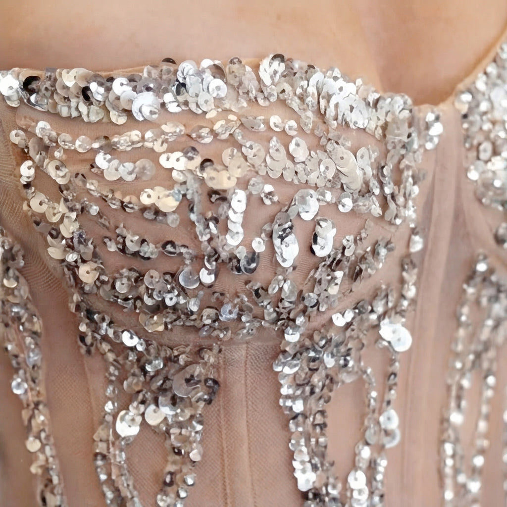 Silver One-Shoulder Illusion Evening Gown - Crystal Rain Sequin Mermaid Dress with High Slit