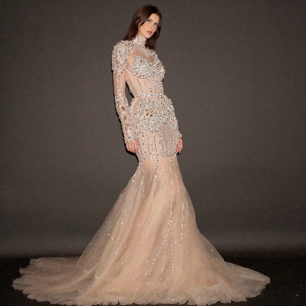 Silver and Nude Illusion Mesh Evening Gown L