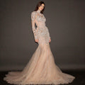 Silver and Nude Illusion Mesh Evening Gown - Geometric Sequin Long-Sleeve formal Dress