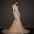 Silver and Nude Illusion Mesh Evening Gown - Geometric Sequin Long-Sleeve formal Dress