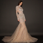 Silver and Nude Illusion Mesh Evening Gown - Geometric Sequin Long-Sleeve formal Dress