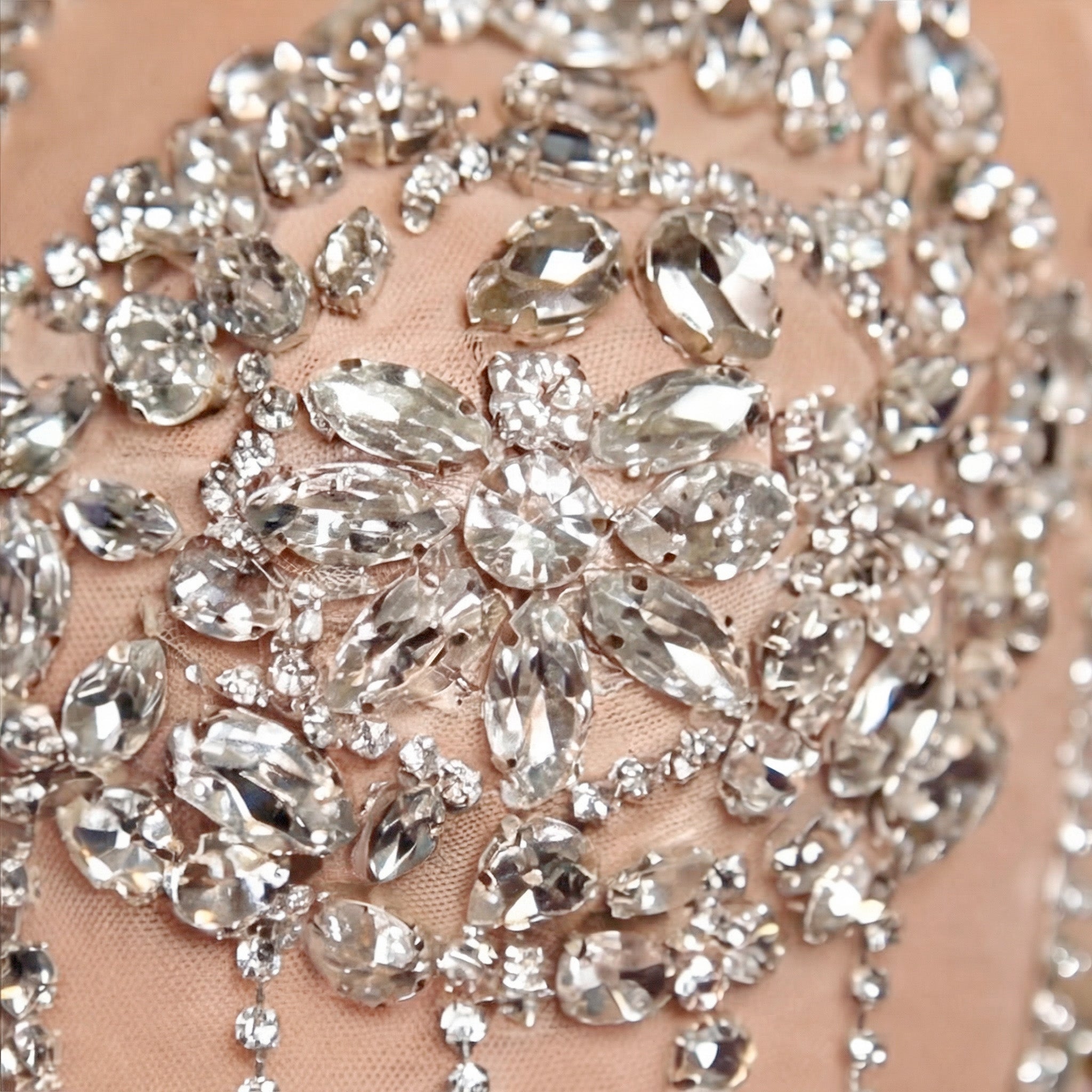 Silver and Nude Illusion Mesh Evening Gown - Geometric Sequin Long-Sleeve formal Dress