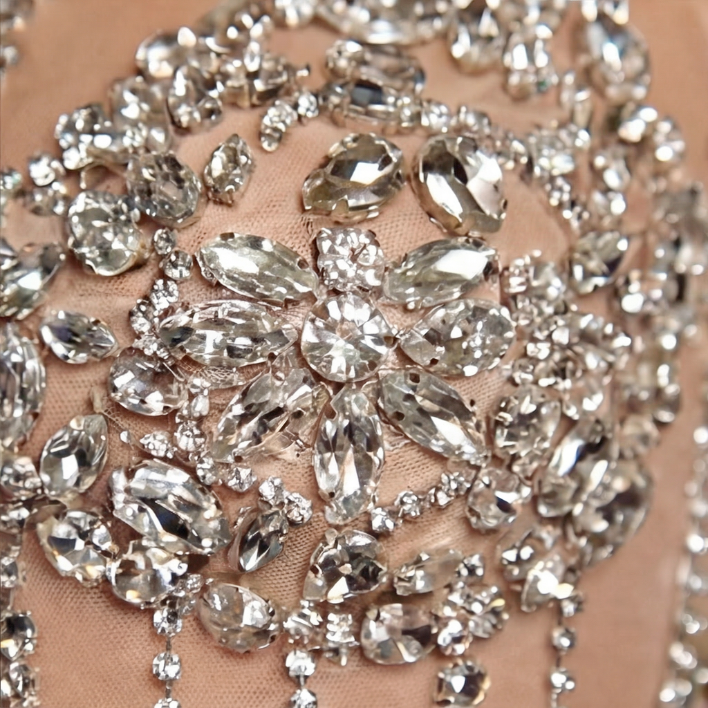 Silver and Nude Illusion Mesh Evening Gown - Geometric Sequin Long-Sleeve formal Dress