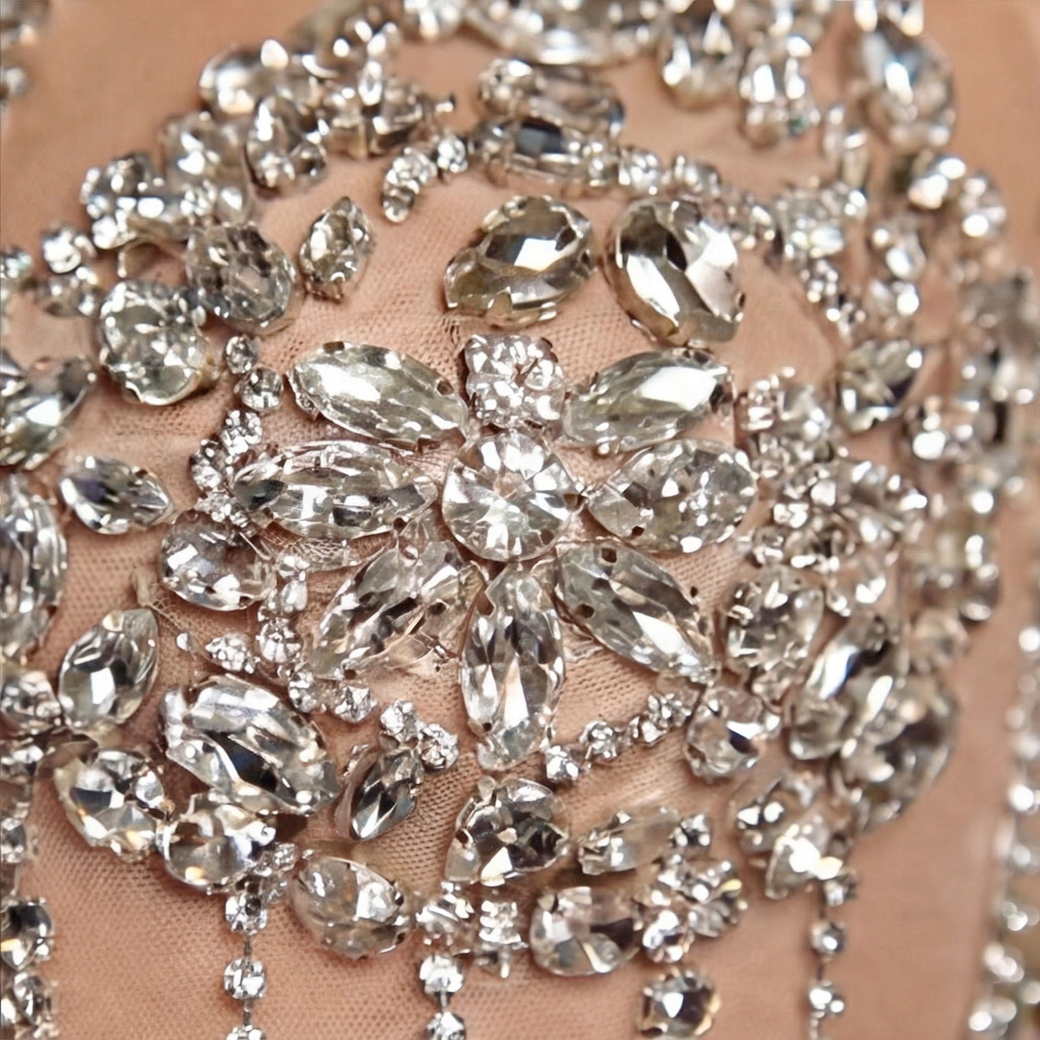 Silver and Nude Illusion Mesh Evening Gown - Geometric Sequin Long-Sleeve formal Dress