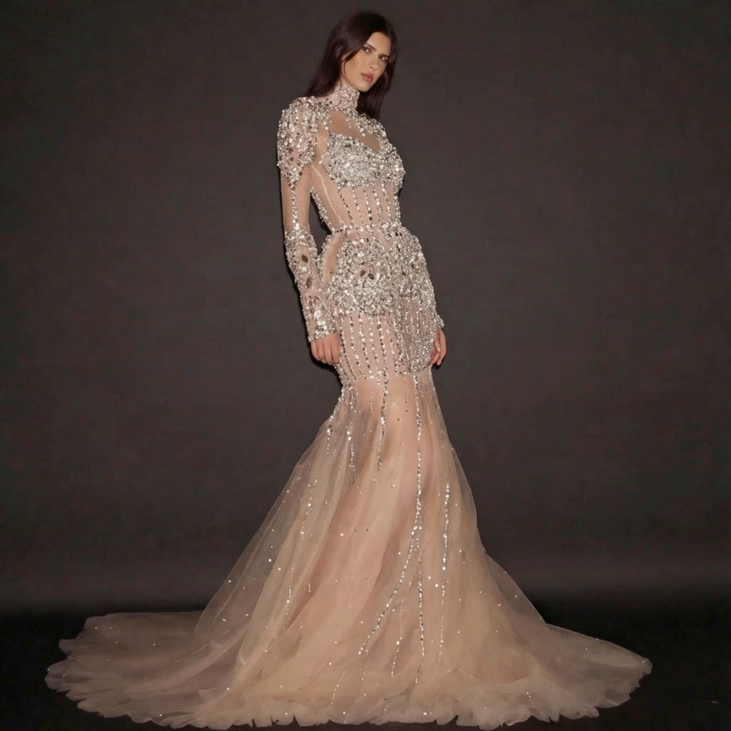 Silver and Nude Illusion Mesh Evening Gown - Geometric Sequin Long-Sleeve formal Dress