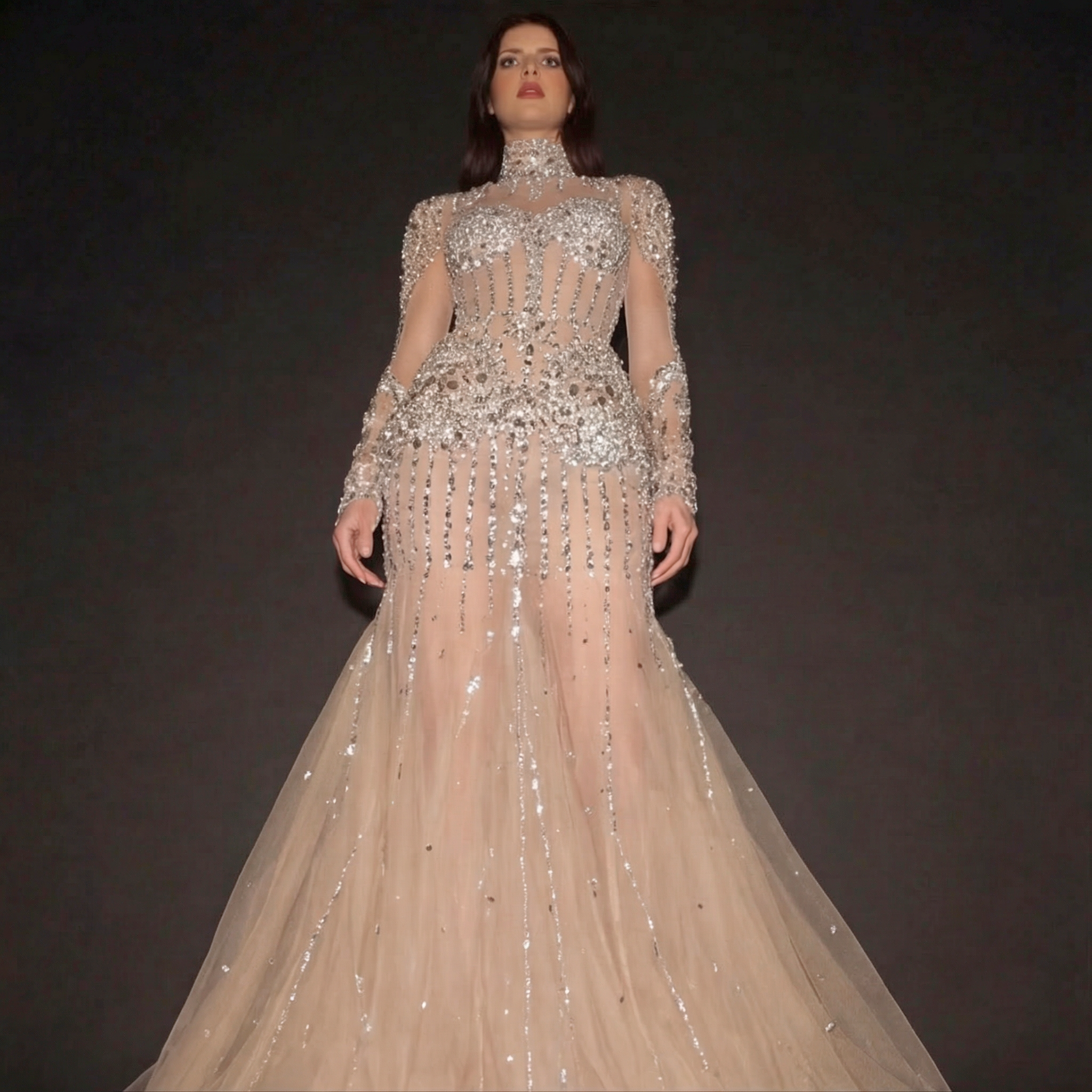 Silver and Nude Illusion Mesh Evening Gown - Geometric Sequin Long-Sleeve formal Dress