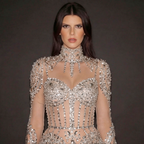 Silver and Nude Illusion Mesh Evening Gown - Geometric Sequin Long-Sleeve formal Dress