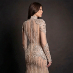 Silver and Nude Illusion Mesh Evening Gown - Geometric Sequin Long-Sleeve formal Dress