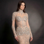 Silver and Nude Illusion Mesh Evening Gown - Geometric Sequin Long-Sleeve formal Dress