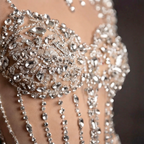 Silver and Nude Illusion Mesh Evening Gown - Geometric Sequin Long-Sleeve formal Dress