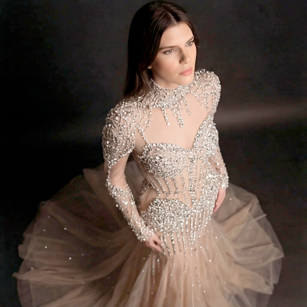 Silver and Nude Illusion Mesh Evening Gown - Geometric Sequin Long-Sleeve formal Dress