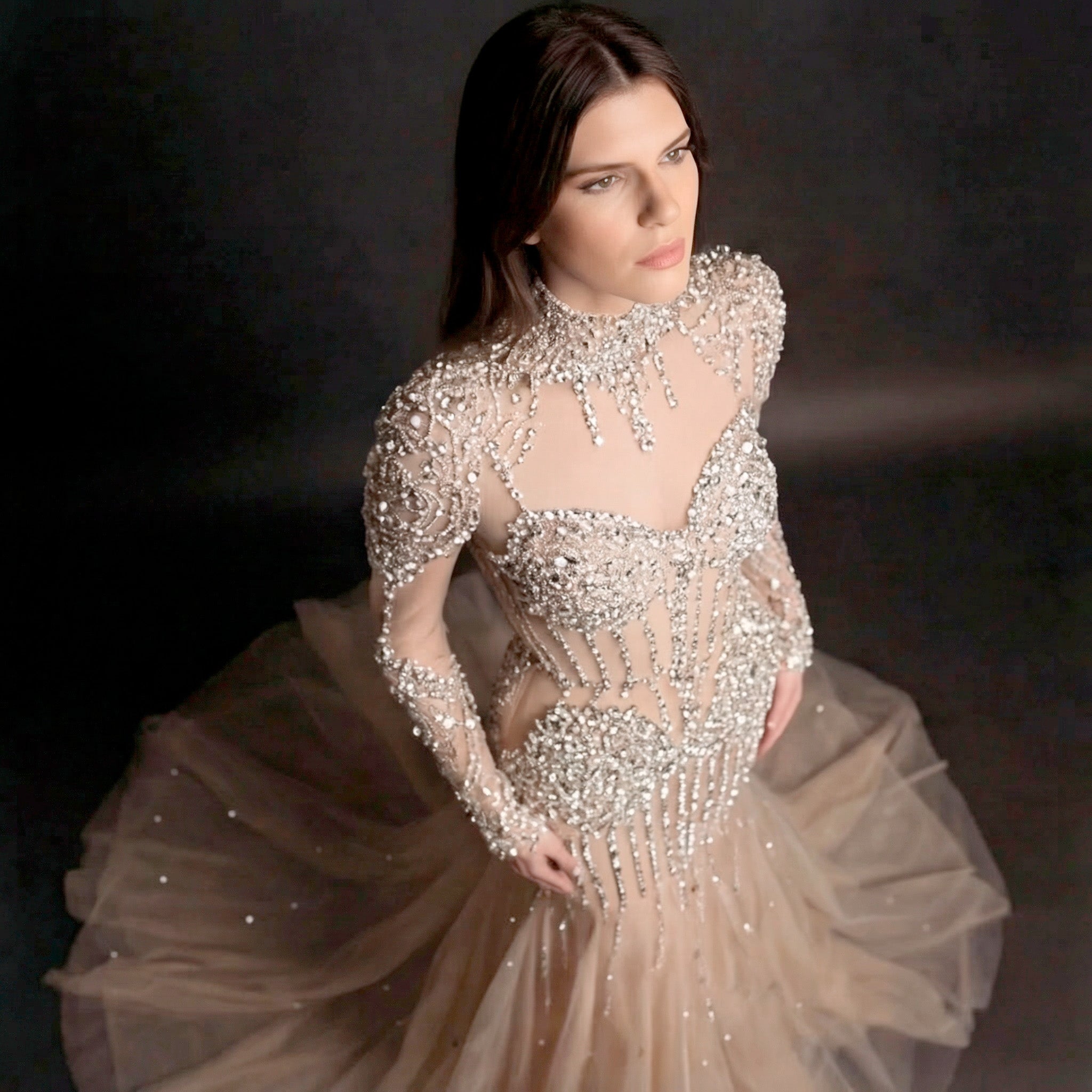 Silver and Nude Illusion Mesh Evening Gown - Geometric Sequin Long-Sleeve formal Dress