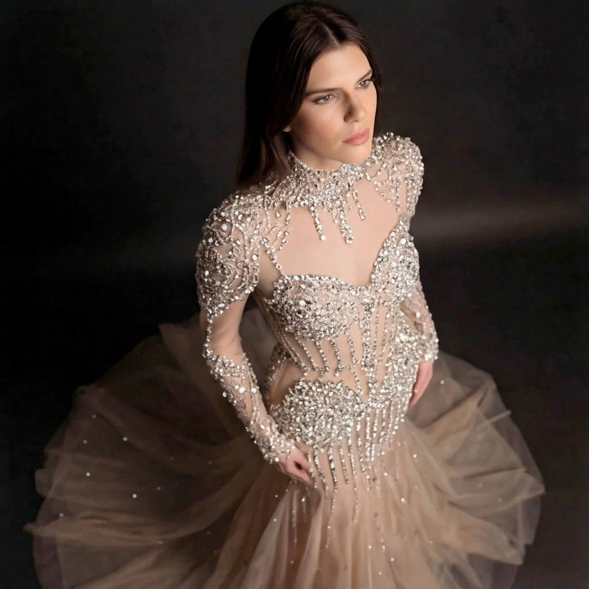 Silver and Nude Illusion Mesh Evening Gown - Geometric Sequin Long-Sleeve formal Dress