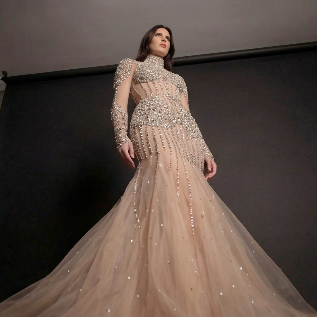 Silver and Nude Illusion Mesh Evening Gown - Geometric Sequin Long-Sleeve formal Dress