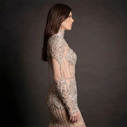 Silver and Nude Illusion Mesh Evening Gown - Geometric Sequin Long-Sleeve formal Dress