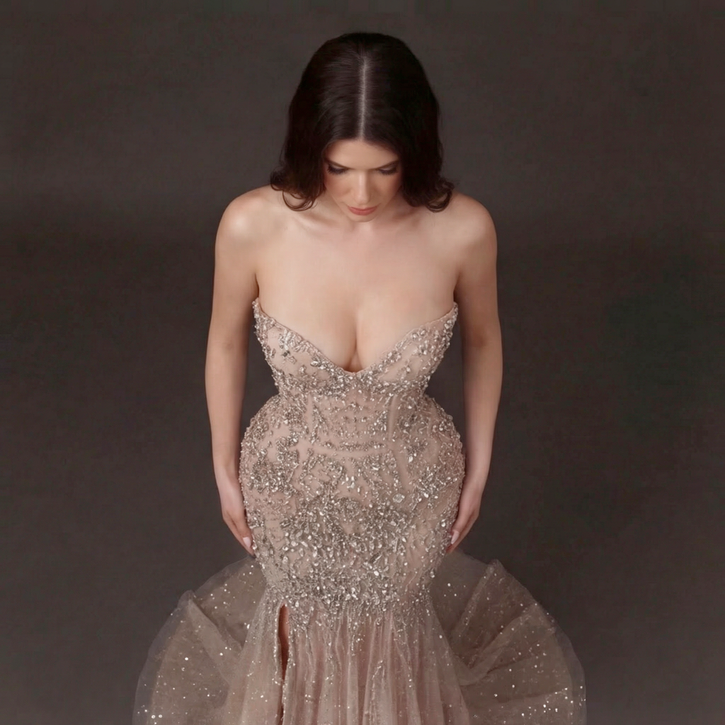 Nude Illusion Crystal Embellished Mermaid Gown - Strapless Sweetheart Neckline with Plunging V-Bust