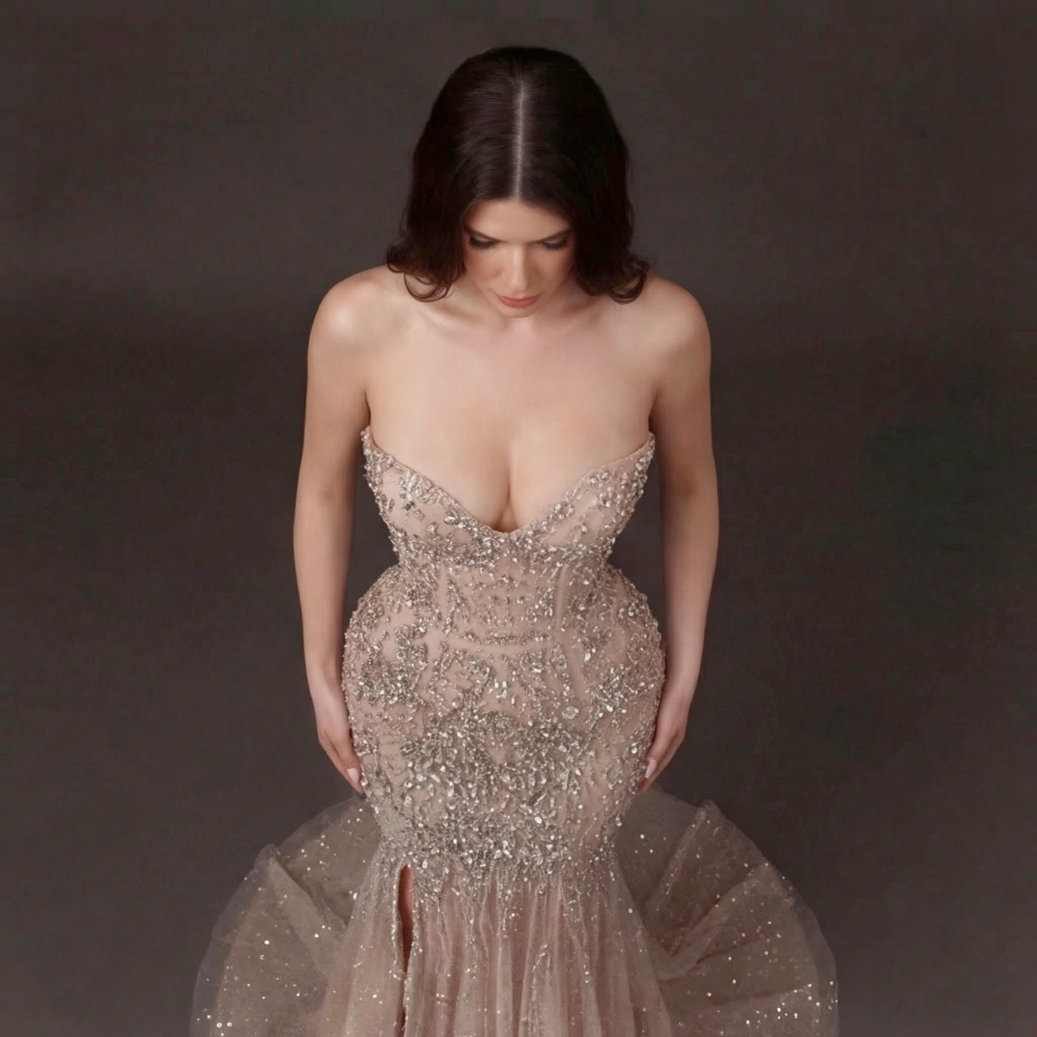 Nude Illusion Crystal Embellished Mermaid Gown - Strapless Sweetheart Neckline with Plunging V-Bust