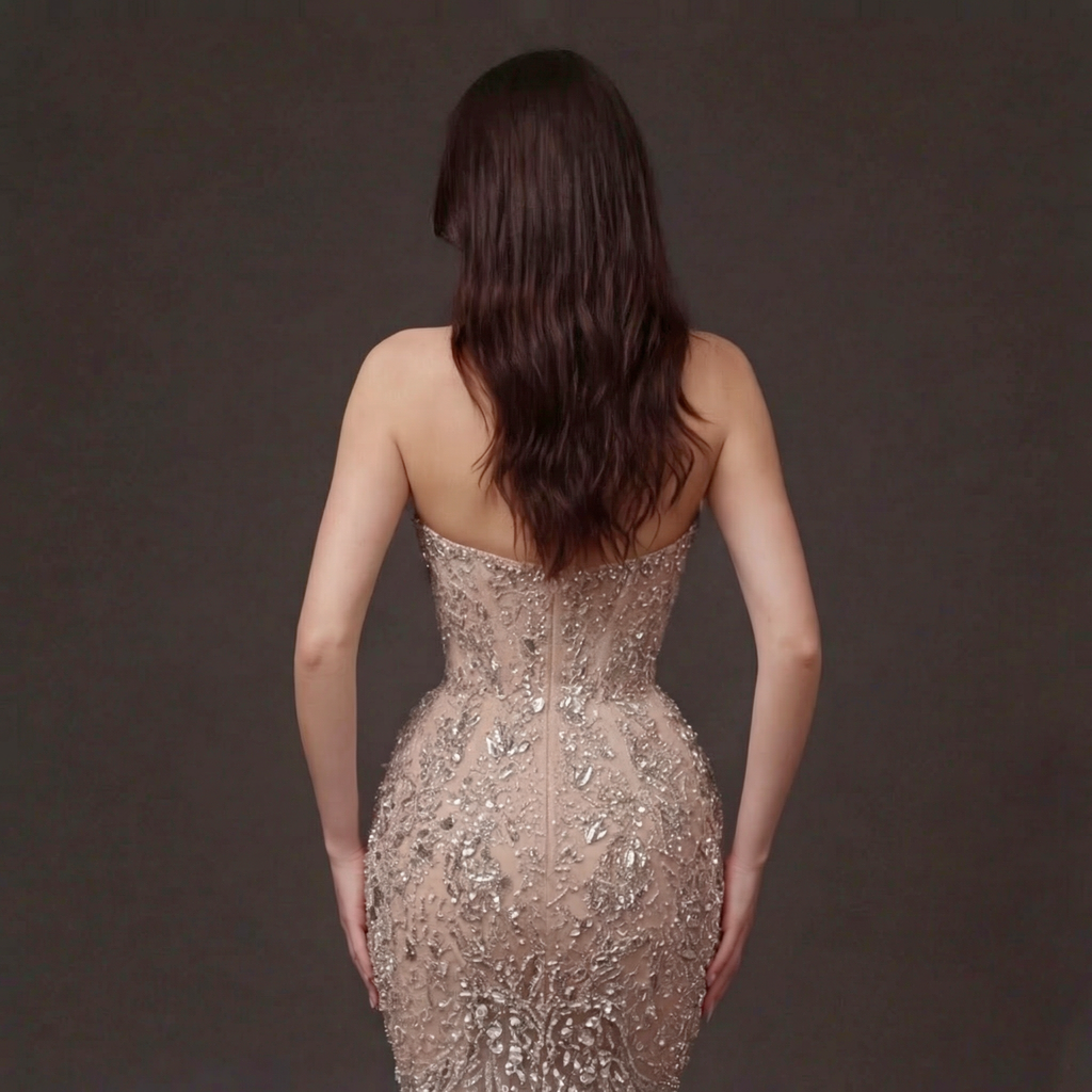 Nude Illusion Crystal Embellished Mermaid Gown - Strapless Sweetheart Neckline with Plunging V-Bust